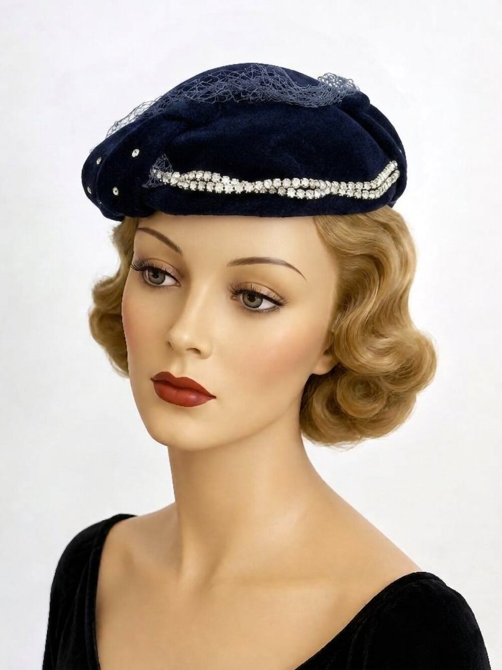 Vintage Navy Blue Velvet Calot Tilt Hat with Rhinestones & Netting. Douglas Hats